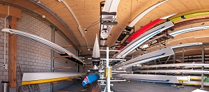 Ruderclub, Interior view inside the Garage of new Clubhouse of the Rowing Club at boader of lake Zurich., water transportation, watercraft, rowboat, sports and recreation, water sports, Seestrasse, Thalwil, Switzerland