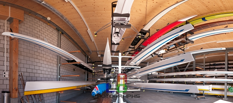 Ruderclub, Interior view inside the Garage of new Clubhouse of the Rowing Club at boader of lake Zurich., Seestrasse,Thalwil, Switzerland, water transportation, watercraft, rowboat, sports and recreation, water sports, nk066210_panorama-cut-out.jpg