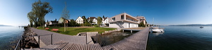 Panorama of Seestrasse, Thalwil, Switzerland, Panoramic view of the new Clubhouse of the Rowing Club at boarder of lake Zurich., transportation, water transportation, boats, rowboats, transport, watercraft, boat, rowboat, sports & recreation, sports, water sports