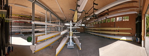 Panorama of Seestrasse, Thalwil, Switzerland, Interior view inside the Garage of new Clubhouse of the Rowing Club at boarder of lake Zurich., water transportation, watercraft, rowboat, sports & recreation, water sports