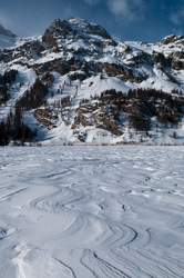Piz Polaschin and Wind sculpted snow fields., Snowdrift Formations Abstract Formation, Engadin, Graubünden, Sils / Segl, Sils/Segl Baselgia, Snow, Switzerland, Waves of Ice, Winter