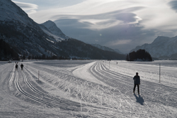 Nordic Ski Tracks, View towards Maloja from the lake shore of Lej da Segl ready for the Engadin Marathon Engadin, Graubünden, Sils / Segl, Sils/Segl Baselgia, Snow, Switzerland, Waves of Ice, Winter