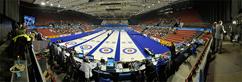 Panoramic view of the St. Jakobshalle during the World Men's Curling Championship 2012