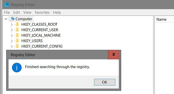Windows 10 registry search complete