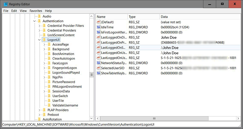 Windows 10 Registry key Authentication LogonUI