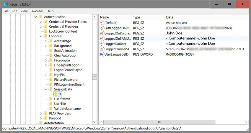 Windows 10 Registry key Authentication LogonUI SessionData