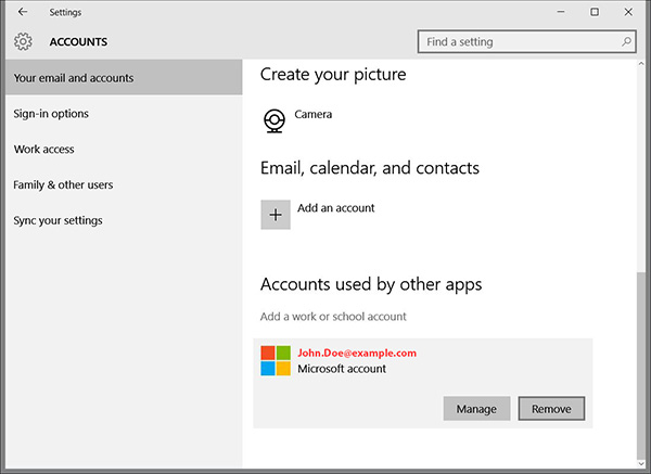Windows 10 accounts other apps