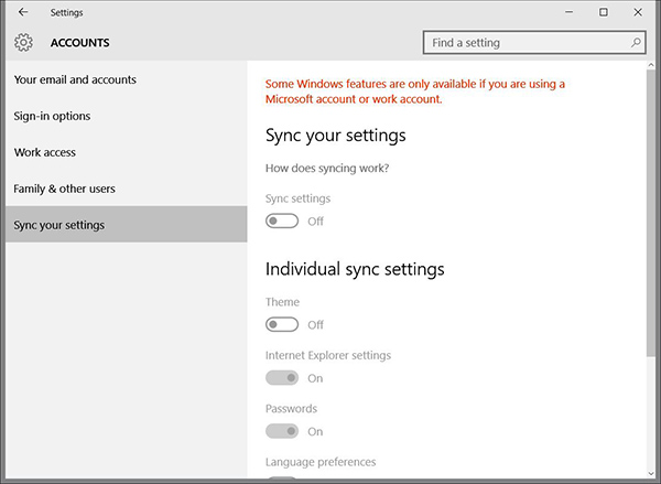 Windows 10 sync settings