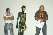 Model mit Artisten Mike Shane und Bernhard Witsch, Swiss Bodypainting Day 2006, Hotel Seeburg, Luzern, Switzerland