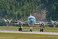 Engiadina Classics 2008, Airplane: Super-Constellation. Howard Hughes the designer of Super-Connie decided to apply 3 tailwings for this airplane to fit into the hangars of its client TWA - Trans World Airlines., private, aircraft, airshow, Airport, Samedan, SWITZERLAND