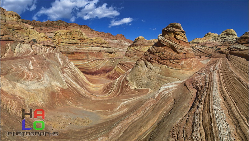 The Wave at Coyote Buttes, Paria Canyon and Vermilion Cliffs Wilderness area, The Coyote Buttes were formed mainly through the power of eroding winds. Wind brought in the layers of sand of various colors, later these layers petrified and now are eroded by wind again.<br>An amazingly special place worthwile visiting. Access is limited to 20 persons a day. A hiking permit is required. Inquire at the Ranger Station., Page, Arizona, Panorama, The Wave, Coyote Buttes South, Paria Canyon, Vermilion Cliffs, Wilderness Area, Page, Kanab, petrified Sand Dunes, Wind, Erosion, 02205-02208_16.jpg
