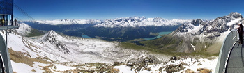 Panorama of Piz Nair, St. Moritz, SWITZERLAND, Engadin at its best in summer, Over a time span of ten years the Engadin gets snow at least once in every month. This time it was mid July when a north-western cold front pushed aside a low laying moisture-ladden layer of air. The result unveiled freshly powdered marvelous mountain tops with snow and lavish greens in the valleys.,  