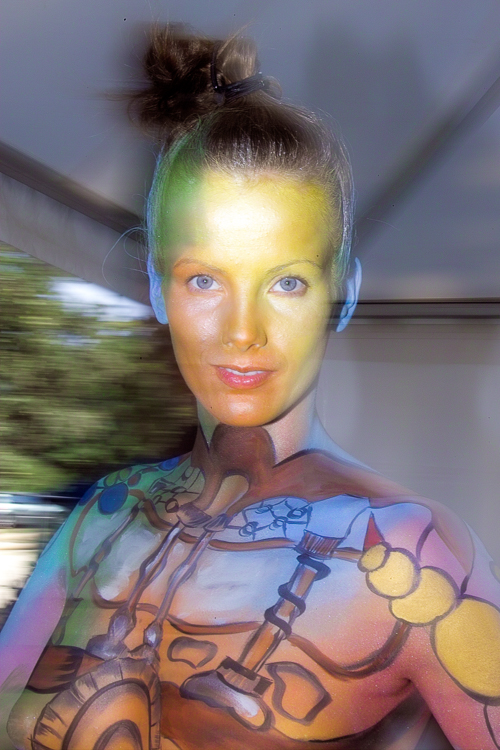 Art, Aufführung, Bodypainting, Color, Colors, Colour, Colours, Contest, Event, Farbe, Festival, Kunst, Körperbemalung, Körpermalerei, Modelle, Models, Model, Performance, Schminkkunst, Stage, Veranstaltung, Vorführung, WEB, Wettbewerb, Flash study and faceshot of Gert Leeftink's model
