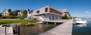 Panorama of Seestrasse, Thalwil, Switzerland, Panoramic view of the new Clubhouse of the Rowing Club at boarder of lake Zurich., water transportation, watercraft, rowboat, sports & recreation, water sports