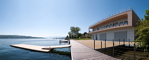 Panorama of Seestrasse, Thalwil, Switzerland, Panoramic view of the new Clubhouse of the Rowing Club at boarder of lake Zurich., water transportation, watercraft, rowboat, sports & recreation, water sports