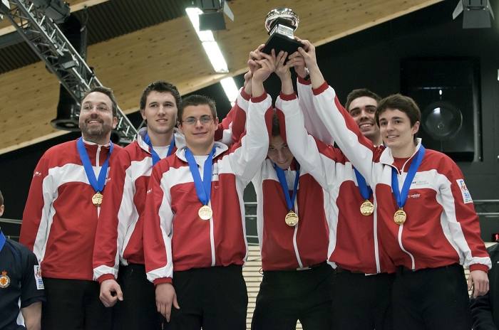 Winning Final Ceremony, Team-Switzerland: Peter de Cruz, Benoît Schwarz, Roger Gulka, Valetin Tanner, Dominik Märki<br>Bronze Medal, Olympia 2018, PyeongChang Korea