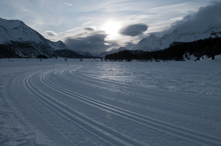 Lej da Segl ready for the Engadin Marathon, View towards Maloja from the lake shore of Lej da Segl ready for the Engadin Marathon Engadin, Graubünden, Sils / Segl, Sils/Segl Baselgia, Snow, Switzerland, Waves of Ice, Winter