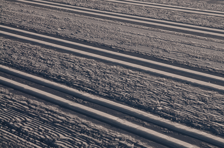 Snowdrift Formations, Machine sculpted Tracks for the Engadin Marathon. Abstract Formation, Engadin, Graubünden, Sils / Segl, Sils/Segl Baselgia, Snow, Switzerland, Waves of Ice, Winter