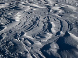 Snowdrift Formations, Windblown snow drifts created icy waves. Abstract Formation, Engadin, Golfcourse, Graubünden, Sils / Segl, Sils/Segl Baselgia, Snow, Switzerland, Waves of Ice, Winter