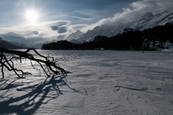 Wind sculpted snow fields., View towards Maloja from the lake shore of Lej da Segl with rare Snowdrift Formations. Abstract Formation, Engadin, Graubünden, Sils / Segl, Sils/Segl Baselgia, Snow, Switzerland, Waves of Ice, Winter