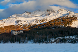Winter Sunset, Hotel Waldhaus in Sils/Segl and Ski areas of Piz Corvatsch and Furtschellas. 