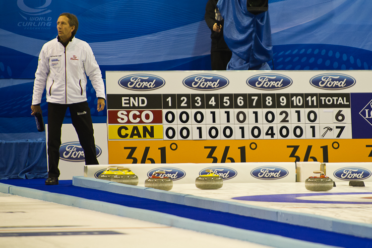 Scotland vs. Canda, Scroe 7 : 8, Team Scotland: Brewster Tom, Drummond Greg, Andrews Scott, Goodfellow Michael, Edwards David.
Team Canada: Howard Glen, Middaugh Wayne, Laing Brent, Savill Craig, Howard Scott. Curling, Sport, World Men's Chamionship