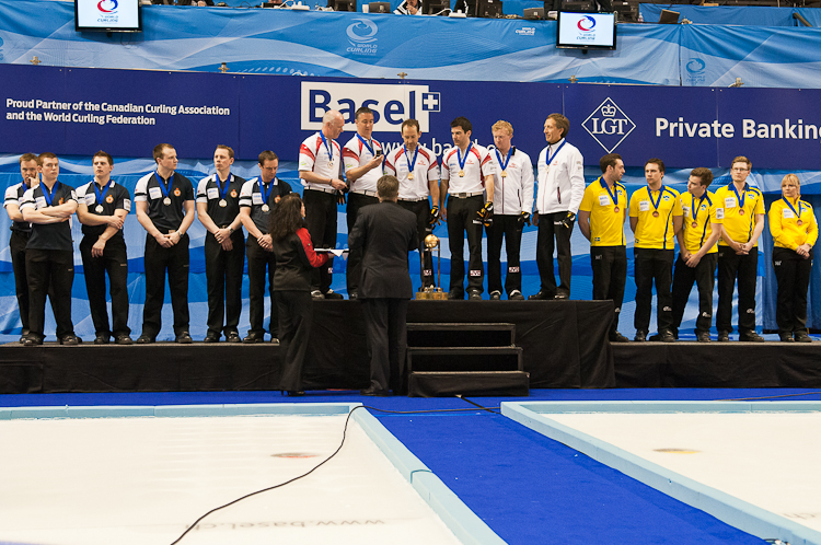 Scotland, Canada, Sweden, Left: Brewster Tom, Drummond Greg, Andrews Scott, Goodfellow Michael, Edwards David.
Center: Howard Glen, Middaugh Wayne, Laing Brent, Savill Craig, Howard Scott.
Right: Kraupp Sepbastian, Lindberg Frederik, Eriksson Oskar, Kjaell Viktor, Edin Niklas Curling, Sport, World Men's Chamionship