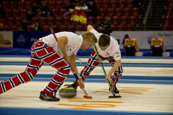 Curling, Sport, World Men's Chamionship, France vs. Norway, Score 6 : 9, Team France: Thomas Dufour (Skip), Tony Angiboust, Lionel Roux, Wilfrid Coulot, Jeremy Farier.
Team Norway: Ulsrud Thomas, Nergaard Torger, Svae Christoffer, Petersson Haavard Vad, Loevold Thomas.