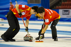 Curling, Sport, World Men's Chamionship, China vs. Canada. Score,  7 : 8, Team China: Lui Rui, Xu Xiaoming, Ba Dexin, Zang Jialiang, Chen Lu An
Team Canada: Howard Glen, Middaugh Wayne, Laing Brent, Savill Craig, Howard Scott