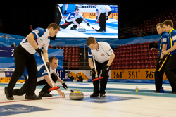 Curling, Sport, World Men's Chamionship, Sweden vs Scotland, Score 6 : 7, Team Sweden: Kraupp Sepbastian, Lindberg Frederik, Eriksson Oskar, Kjaell Viktor, Edin Niklas.
Team Scotland: Brewster Tom, Drummond Greg, Andrews Scott, Goodfellow Michael, Edwards David.