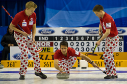 Curling, Sport, World Men's Chamionship, Norway vs. Sweden, Score 8 : 9, Team Norway: Ulsrud Thomas, Nergaard Torger, Svae Christoffer, Petersson Haavard Vad, Loevold Thomas.
Team Sweden: Kraupp Sepbastian, Lindberg Frederik, Eriksson Oskar, Kjaell Viktor, Edin Niklas.