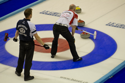 Curling, Sport, World Men's Chamionship, Scotland vs. Canda, Scroe 7 : 8, Team Scotland: Brewster Tom, Drummond Greg, Andrews Scott, Goodfellow Michael, Edwards David.
Team Canada: Howard Glen, Middaugh Wayne, Laing Brent, Savill Craig, Howard Scott.