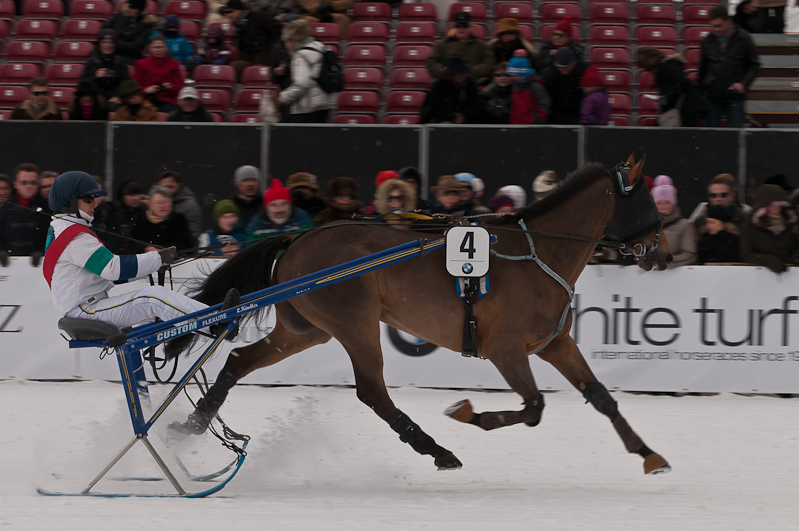 Grand Prix Gaggenau Hausgeräte, Laurence Kindler mit Pferd Subtil Peccau Graubünden, Horse Race, Snow, Sport, St. Moritz, Switzerland, White Turf, Winter