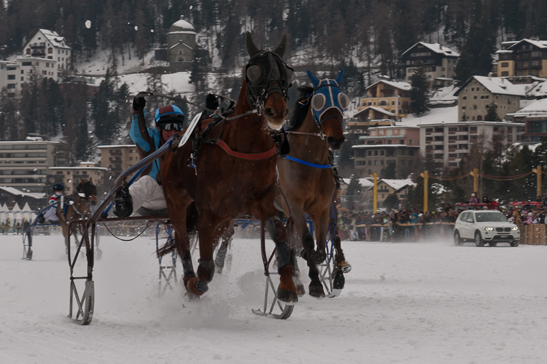 Grand Prix Gaggenau Hausgeräte, Sieger Ehrung für Claudia Koller mit Pferd Palmin de Romagny. Graubünden, Horse Race, Snow, Sport, St. Moritz, Switzerland, White Turf, Winter