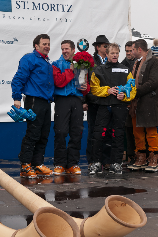 Credit Suisse Skijöring Trophy 2012, Sieger Ehrung 1., 2. & 3. Platz.  König des Engadin - Adrian von Gunten mit Pferd Mombasa, Besitzer: Peter Schiergen Graubünden, Horse Race, Snow, Sport, St. Moritz, Switzerland, White Turf, Winter