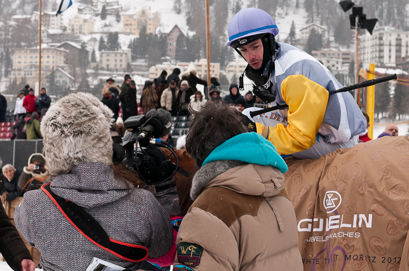 Gübelin 73. Grosser Preis von St. Moritz, Sieger, Winner - Pferd: Schützenjunker / Jockey: Daniele Porcu / Owner: Philipp Schärer Graubünden, Horse Race, Snow, Sport, St. Moritz, Switzerland, White Turf, Winter