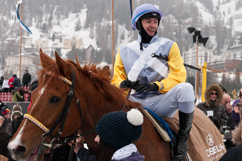 Gübelin 73. Grosser Preis von St. Moritz, Sieger, Winner - Pferd: Schützenjunker / Jockey: Daniele Porcu / Owner: Philipp Schärer Graubünden, Horse Race, Snow, Sport, St. Moritz, Switzerland, White Turf, Winter