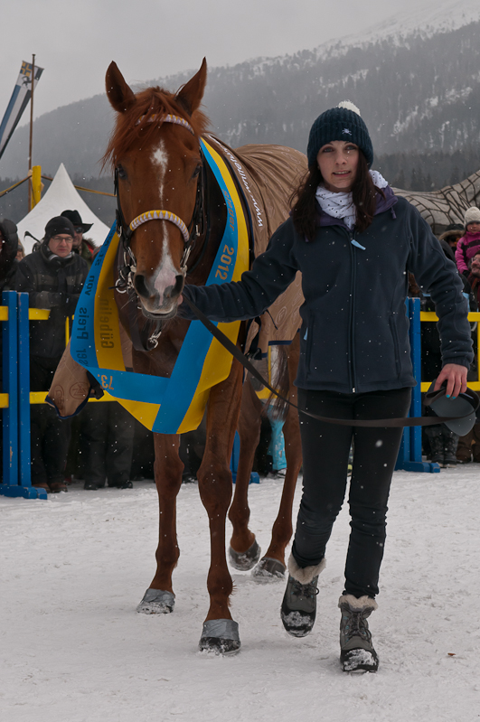 Gübelin 73. Grosser Preis von St. Moritz, Sieger, Winner - Pferd: Schützenjunker / Jockey: Daniele Porcu / Owner: Philipp Schärer Graubünden, Horse Race, Snow, Sport, St. Moritz, Switzerland, White Turf, Winter