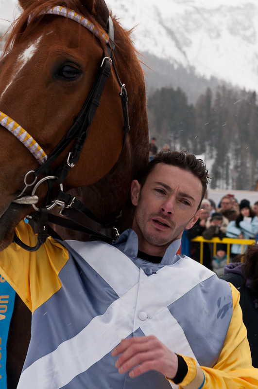 Gübelin 73. Grosser Preis von St. Moritz, Sieger, Winner - Pferd: Schützenjunker / Jockey: Daniele Porcu / Owner: Philipp Schärer Graubünden, Horse Race, Snow, Sport, St. Moritz, Switzerland, White Turf, Winter