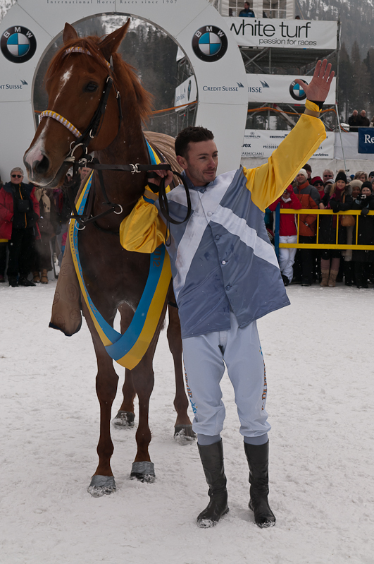 Gübelin 73. Grosser Preis von St. Moritz, Sieger, Winner - Pferd: Schützenjunker / Jockey: Daniele Porcu / Owner: Philipp Schärer Graubünden, Horse Race, Snow, Sport, St. Moritz, Switzerland, White Turf, Winter