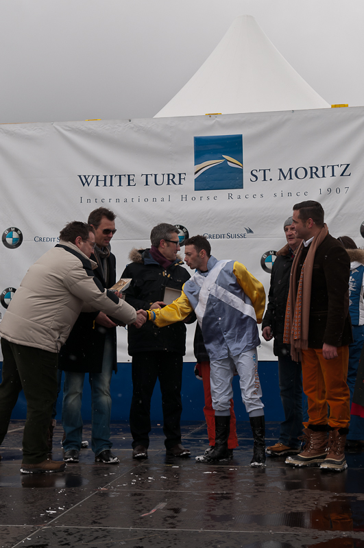 Gübelin 73. Grosser Preis von St. Moritz, Sieger, Winner - Pferd: Schützenjunker / Jockey: Daniele Porcu / Owner: Philipp Schärer Graubünden, Horse Race, Snow, Sport, St. Moritz, Switzerland, White Turf, Winter