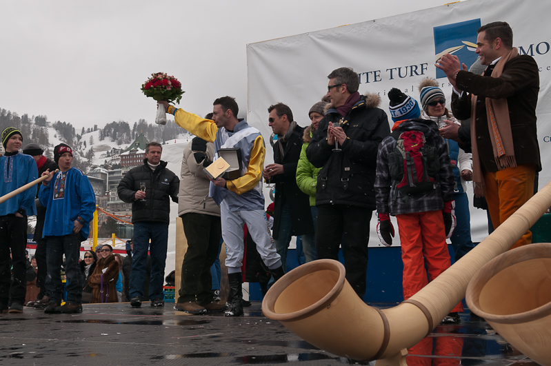 Gübelin 73. Grosser Preis von St. Moritz, Sieger, Winner - Pferd: Schützenjunker / Jockey: Daniele Porcu / Owner: Philipp Schärer Graubünden, Horse Race, Snow, Sport, St. Moritz, Switzerland, White Turf, Winter