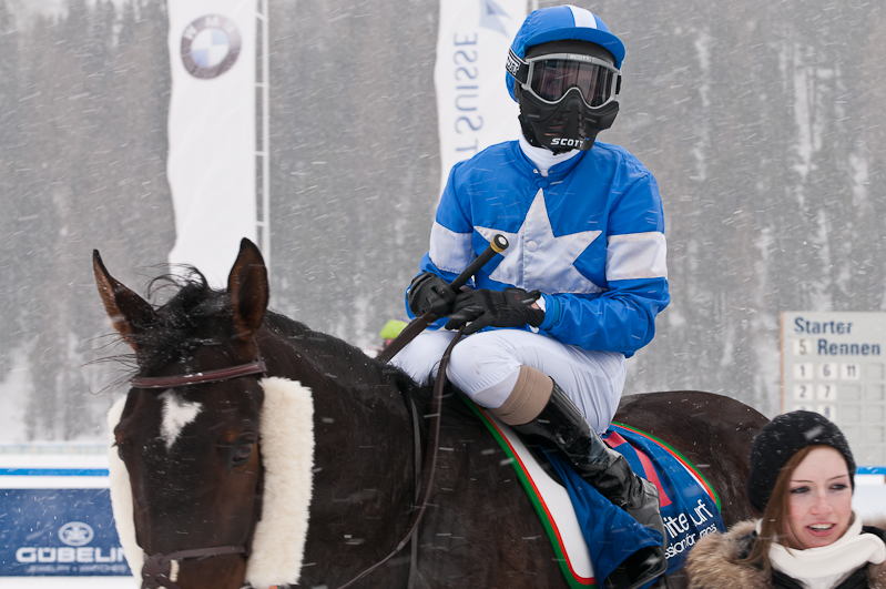 Grand Prix Gunter Sachs Memorial Race, Pferd: Sentimento / Jockey: Miguel Lopez / Owner: John David Hillis Graubünden, Horse Race, Snow, Sport, St. Moritz, Switzerland, White Turf, Winter