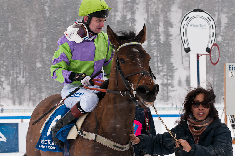 Grand Prix Gunter Sachs Memorial Race, Robert Havlin riding Story of Dubai Graubünden, Horse Race, Snow, Sport, St. Moritz, Switzerland, White Turf, Winter