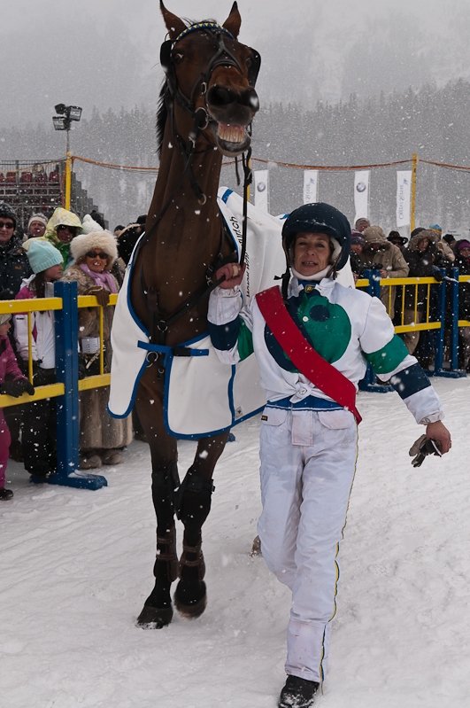 BMW Snow-Trotting Challenge 2012, Laurence Kindler mit Pferd Mask du Granit Graubünden, Horse Race, Snow, Sport, St. Moritz, Switzerland, White Turf, Winter