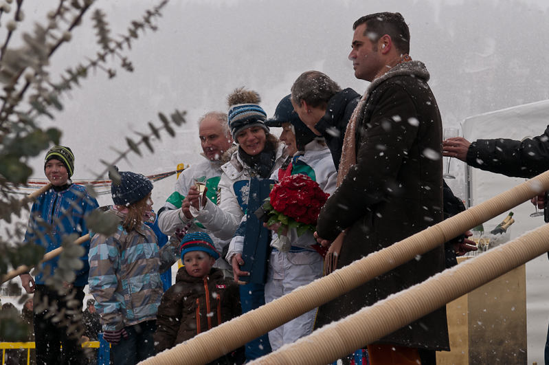 BMW Snow-Trotting Challenge 2012, Sieger ehrung für Laurence Kindler mit Pferd Mask du Granit Graubünden, Horse Race, Snow, Sport, St. Moritz, Switzerland, White Turf, Winter