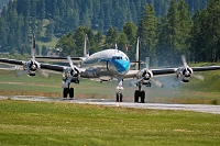 Engiadina Classics 2008, Airplane: Super-Constellation. Howard Hughes the designer of Super-Connie decided to apply 3 tailwings for this airplane to fit into the hangars of its client TWA - Trans World Airlines., private, aircraft, airshow, Airport, Samedan, SWITZERLAND