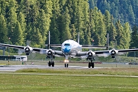 Engiadina Classics 2008, Airplane: Super-Constellation. Howard Hughes the designer of Super-Connie decided to apply 3 tailwings for this airplane to fit into the hangars of its client TWA - Trans World Airlines., private, aircraft, airshow, Airport, Samedan, SWITZERLAND