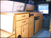 Interior Introduction of Big Blue, It's got everything. Pantry, Fridge, Heating, A/C, lots of Storage, plenty of water (hot for a shower), extra 3 Batteries with a 110V Inverter, CD/Radio, etc.etc., Truckee, United States of America, Big Blue