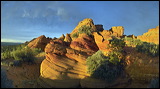 South Coyote Buttes, Paria Canyon Vermilion Cliffs Wilderness Area, The Coyote Buttes South getting the final gush of sunset light.<br>These Buttes are close to the famous 'Wave'. Acceess to this area is limited to 20 Persons a day. A hiking Permit is required. Inquire at the Ranger station., 2006 / 04_21 Paria Wilderness 2, Page, United States of America, Panorama, The Wave, Coyote Buttes South, Paria Canyon, Vermilion Cliffs, Wilderness Area, Page, Kanab, petrified Sand Dunes, Wind, Erosion